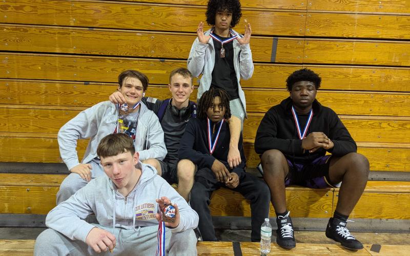 Columbia wrestlers Jorryn Brown, Elijah Cray, Cyler Robinson, Kevin Fink, Zhane Smith and Xavier Williams qualified for the Region 1-2A IBT with top-four finishes at the District 2-2 IBT on Friday. (COURTESY)