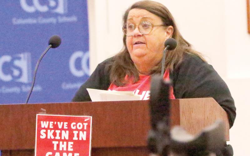 Jenee’ DeLaney, the president of the Columbia Teachers Association, speaks during a previous Columbia School Board meeting regarding raises for area teachers.