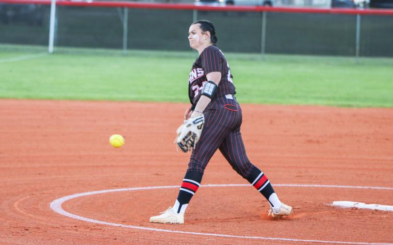 Fort White pitcher Kadence Compton unloads a pitch against Columbia on Monday night. (BRENT KUYKENDALL/Lake City Reporter)