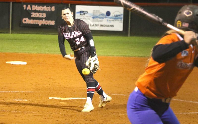 Fort White pitcher Kadence Compton (24) struck out 13 batters in Thursday's 2-1 extra-innings win over Branford. (MORGAN MCMULLEN/Lake City Reporter)