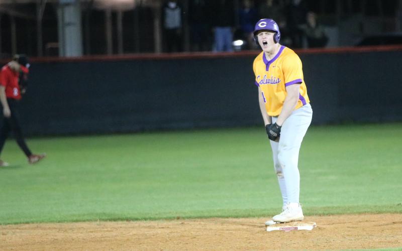 Columbia first baseman Max Schuler celebrates on second base after hitting a 3-RBI double in the top of the eighth inning against Santa Fe on Thursday. (JORDAN KROEGER/Lake City Reporter)