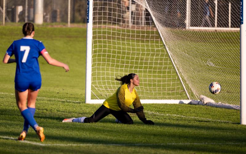 Lafayette goalkeeper Mya Pilkington watches one of P.K. Yonge's eight goals go into the net during the Region 1-2A quarterfinals on Tuesday. (JACK HOWDESHELL/Lake City Reporter)