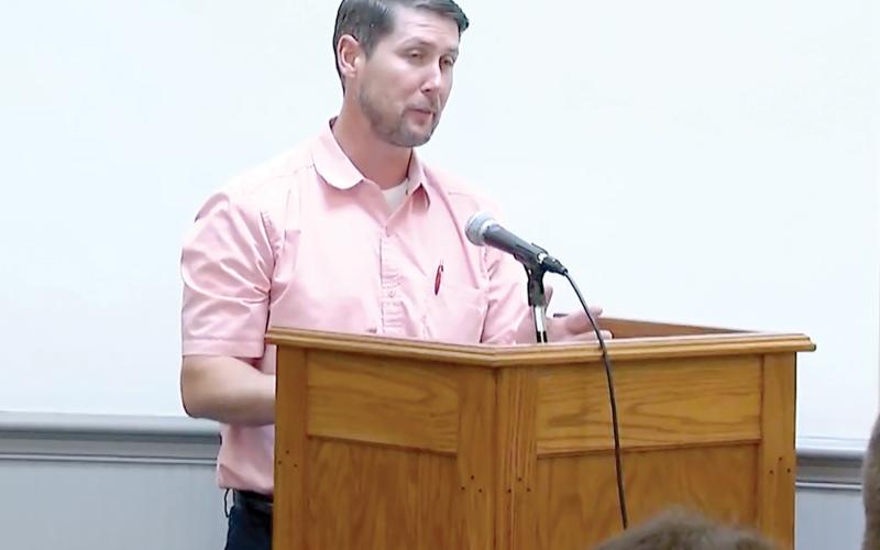 Lafayette County Supervisor of Elections Travis Hart speaks at the county’s legislative delegation hearing last week at the Lafayette County Courthouse. (COURTESY)