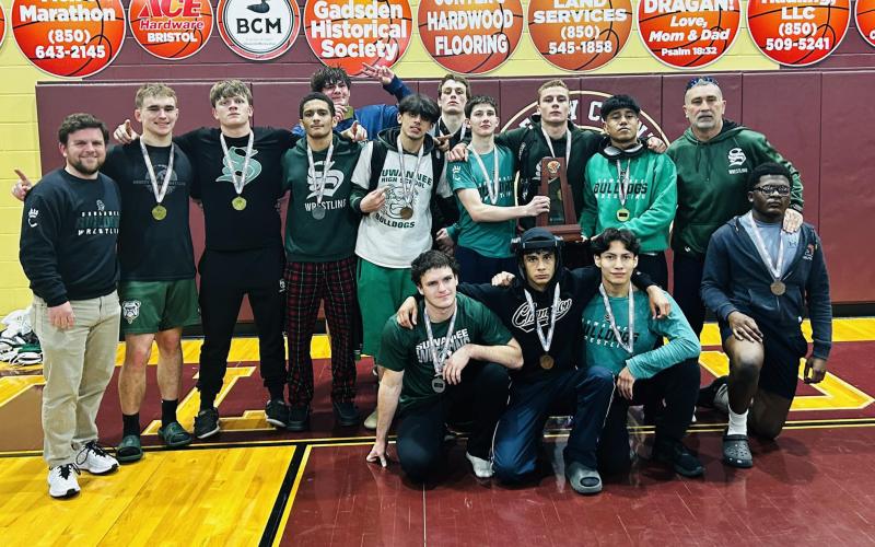 Suwannee’s wrestling team won their third straight district IBT title on Tuesday, taking home the 2-1A crown. (COURTESY)