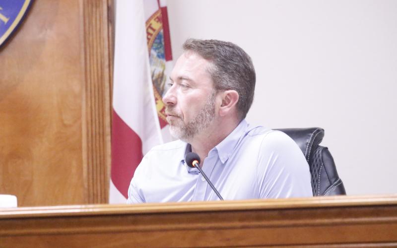 Rep. Jason Shoaf, listening during the Suwannee County legislative delegation hearing in February, has sponsored 12 projects worth $15.882 million for appropriations in Suwannee, Hamilton and Lafayette counties. (FILE)