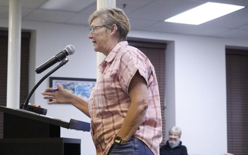 Debra Griffin speaks to the Lake City Council about saving the historic Club House on Lake Isabella at Tuesday’s meeting. (JAMIE WACHTER/Lake City Reporter)
