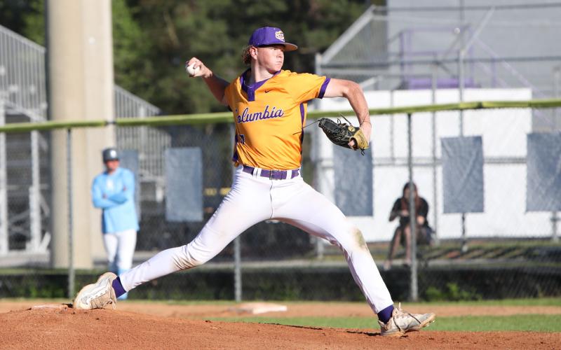 Columbia pitcher Nolan Slaymaker pitches against St. Johns Country Day on March 18. (BRENT KUYKENDALL/Lake City Reporter)
