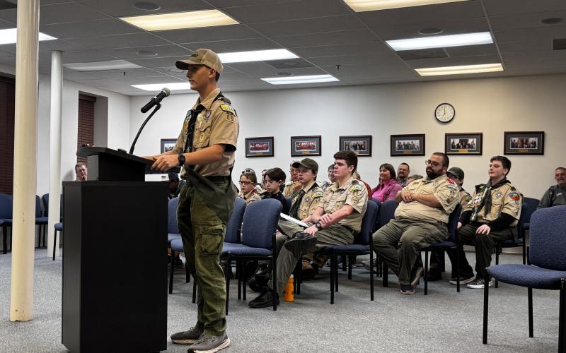 Dakota Beichner, a senior patrol leader with Scouts Troop 85, speaks to the Lake City Council on Monday night. The troop attended the meeting as it works on its citizenship in the community merit badge. (JAMIE WACHTER/Lake City Reporter)