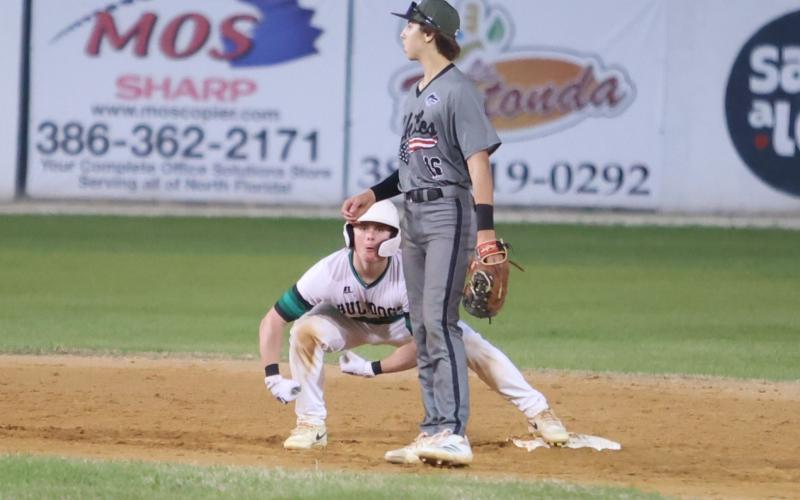 Suwannee catcher Grayson Bonds celebrates on second base after hitting a double against Chiles on Tuesday. (PAUL BUCHANAN/Lake City Reporter)