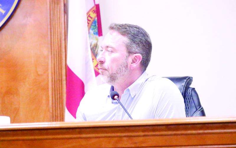 Rep. Jason Shoaf, listening during the Suwannee County legislative delegation hearing last month, said the bill that addresses hurricane damage is ‘much needed’ in North Florida. (FILE)