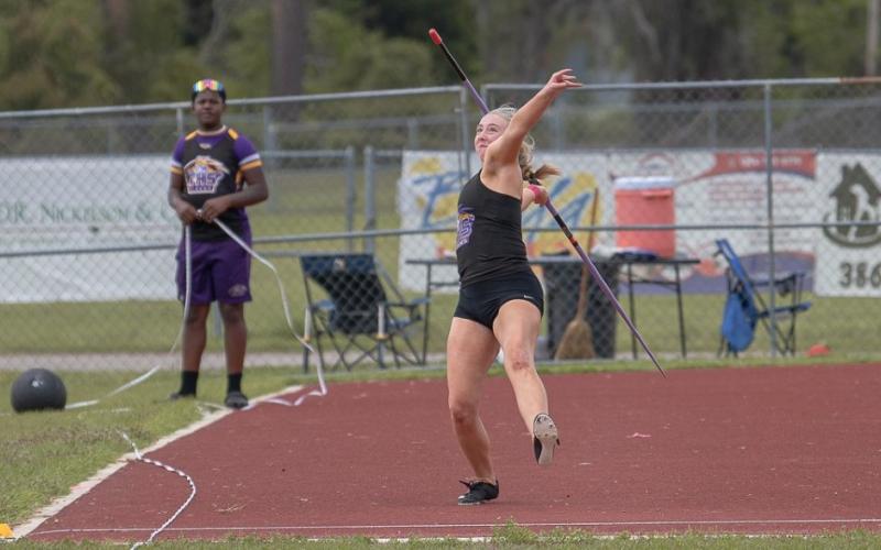 Columbia's Kyndall Norris won the javelin event at the Columbia High Invitational on Saturday. (COURTESY)