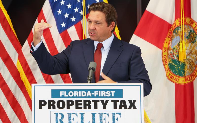 Gov. Ron DeSantis speaks about his proposal for Florida to become the first state to abolish property taxes during a news conference at the Florida Realtors headquarters in Orlando on Monday. (RICH POPE/Orlando Sentinel/TNS)