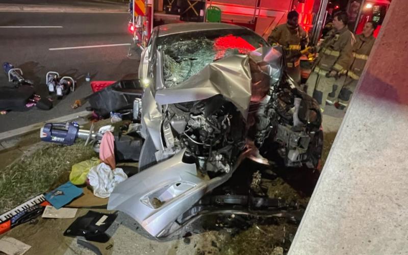 A woman was seriously injured early Saturday morning when her car slammed into a utility pole near the intersection of U.S. Highway 90 and SW Commerce Drive. (COURTESY LAKE CITY FIRE DEPARTMENT)