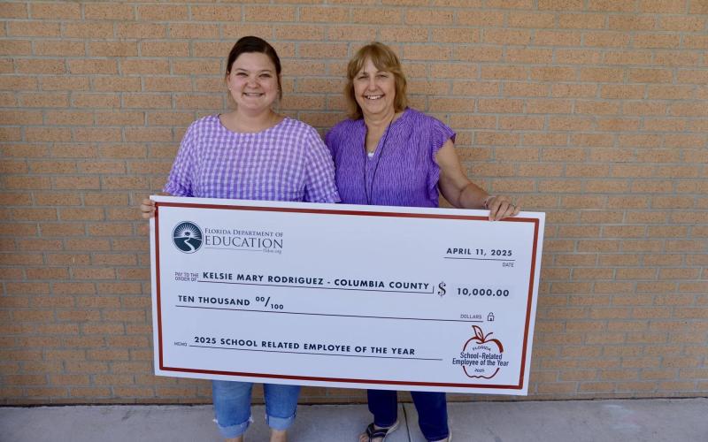 Kelsie Rodriguez, the pre-kindergarten paraprofessional at Summers Elementary, was named the state’s School-Related Employee of the Year on Thursday, the first Columbia County School District employee to win the prestigious honor. Rodriguez (left) is pictured with Summers VPK teacher Karen McDonald. (COURTESY)