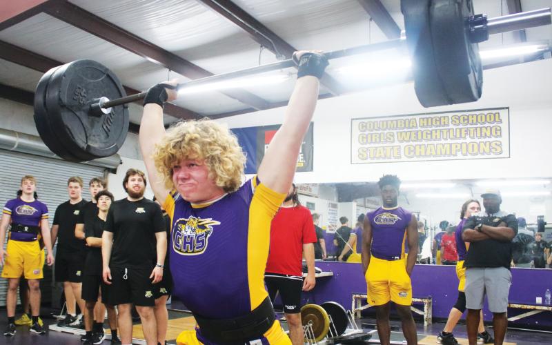 Columbia lifter Garret Shipley finishes his clean and jerk during a meet in 2024. (FILE)