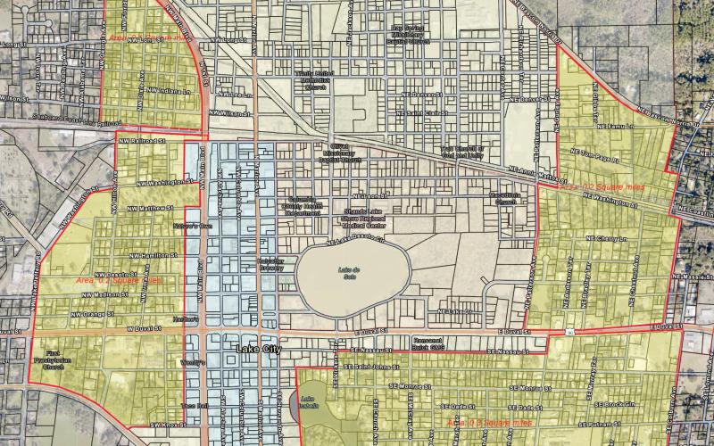 The City of Lake City is looking to expand its Community Redevelopment Agency. The current CRA district is shown in blue while the proposed new areas are in yellow. (COURTESY)