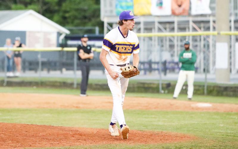 Columbia pitcher Bynton Edge celebrates after finishing off a 3-1 win over Flagler Palm Coast with a strikeout on Friday. (BRENT KUYKENDALL/Lake City Reporter)