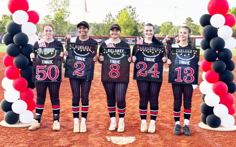 Fort White seniors Hannah LeBleu (from left), Morgan Kelly, Meloney Heagles, Kadence Compton and Carleen Torres were honored on Senior Night prior to Tuesday’s 11-0 win over Chiefland. (COURTESY)
