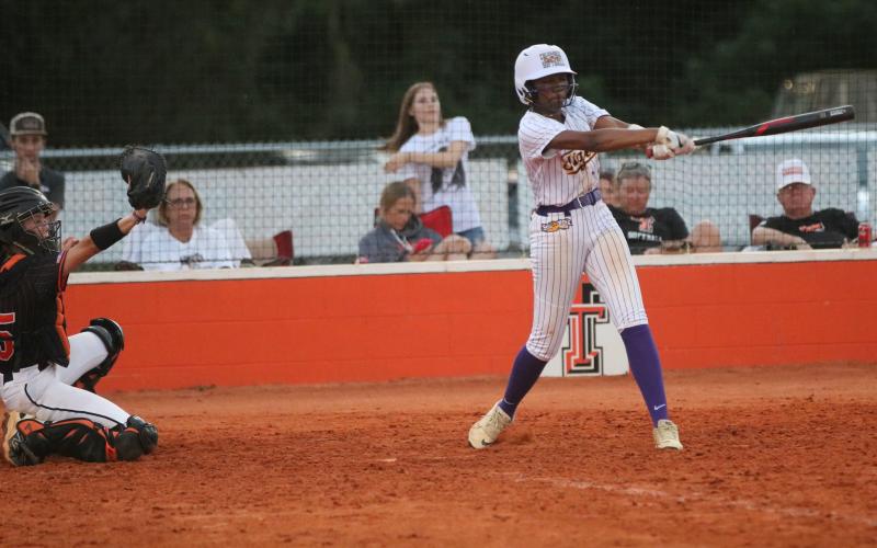 Columbia right fielder Brooklynn White strikes out during Thursday's 8-0 loss to Trenton. (JORDAN KROEGER/Lake City Reporter)