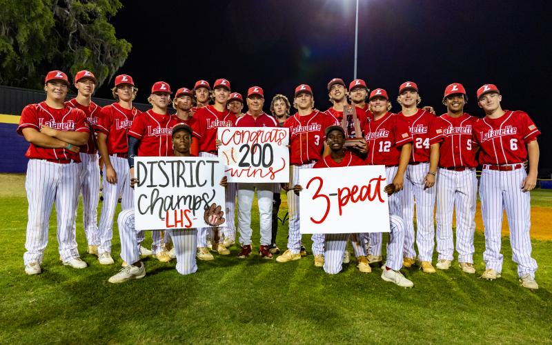 Lafayette's baseball team defeated Branford to win the District 6-R title on Thursday, notching coach Tim Hanson's 200th win. (JACK HOWDESHELL/Lake City Reporter)