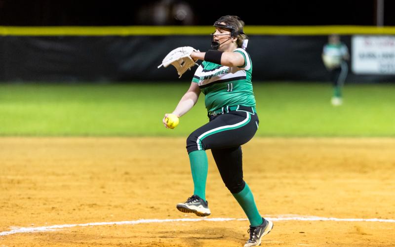 Suwannee pitcher Gracie Watley winds up to pitch against Lafayette on March 20. (JACK HOWDESHELL/Lake City Reporter)