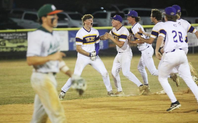 Columbia pitcher Nolan Slaymaker celebrates with teammates after hitting a walk-off double against Mosley in Game 1 of the Region 1-5A quarterfinals on Wednesday. (JORDAN KROEGER/Lake City Reporter)