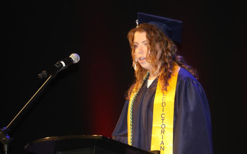 Campbell Chadwick, Belmont’s valedictorian, talks about ‘nostalgia’ in her address during the school’s commencement ceremony. (TONY BRITT/Lake City Reporter)