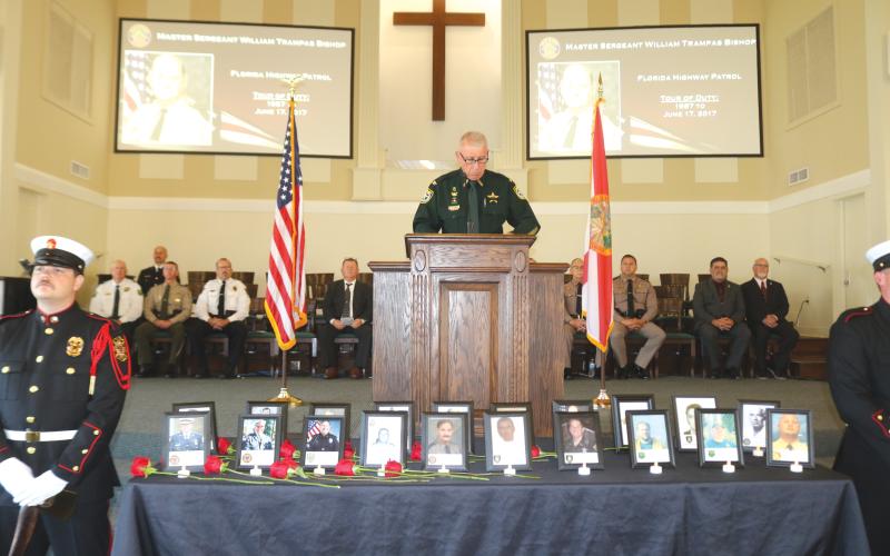 Columbia County Sheriff Wallace Kitchings gives remarks during Tuesday’s ceremony honoring local first responders at the county’s annual Public Safety Memorial. (TONY BRITT/Lake City Reporter)