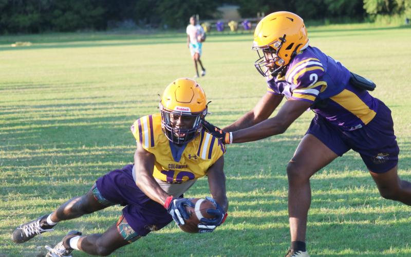 Columbia receiver Kyren Caldwell dives into the end zone past defensive back Vondarius Lane during practice on Wednesday. (JORDAN KROEGER/Lake City Reporter)