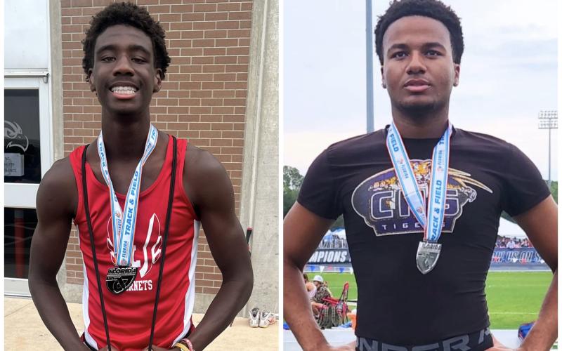 Lafayette’s Jordan Murphy (left) placed second in the triple jump in Class 1A while Columbia’s Omarion Udell (right) was runner-up in the 110m hurdles in Class 3A at the state meet Saturday. (COURTESY PHOTOS)