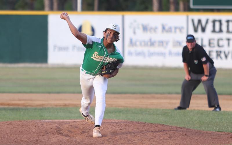 Suwannee pitcher Gabe Garcia tossed a two-hitter to lead Suwannee past West Florida in Game 3 of the Region 1-3A semifinals on Thursday. (PAUL BUCHANAN/Lake City Reporter)