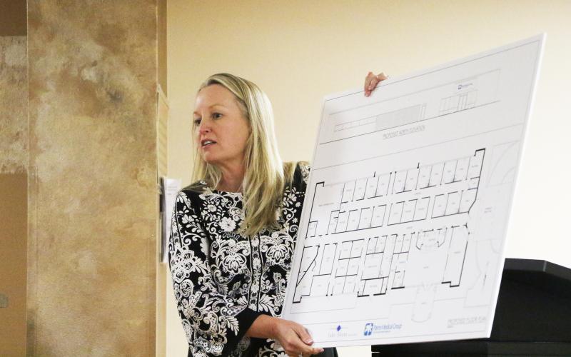 Palms Medical Group CEO Anita Rembert talks to the Lake Shore Hospital Authority board Monday about the floor plans for the Palms clinic on the Lake Shore campus. The facility would include 15 exam rooms and a pharmacy would be added in the second year it is open. (MORGAN MCMULLEN/Lake City Reporter)