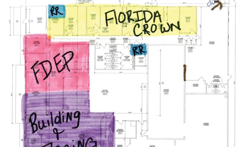 Plans for the old Lake City Reporter building show where CareerSource Florida (Florida Crown), the Florida Department of Environmental Protection, and the county’s building and zoning department would be located after renovations are completed. CareerSource and DEP hope to be in the building by Aug. 1. (COURTESY)