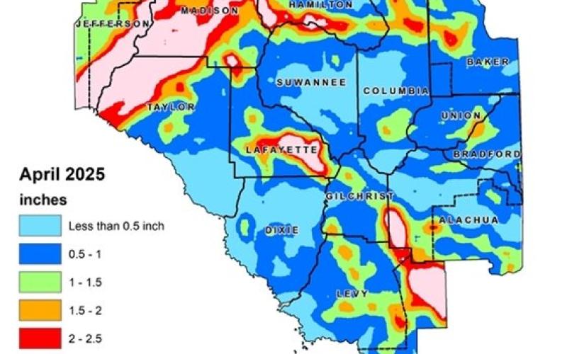 Most of the Suwannee River Water Management District received between less than 1 inch to 2 inches of rain in April. (COURTESY)