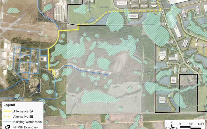 The agreement between Columbia County and the City of Lake City calls for the county funding $3.5 million toward the construction of a water line to the park, shown as the solid yellow line on a 2021 study performed by Jones Edmunds for the city. (COURTESY)