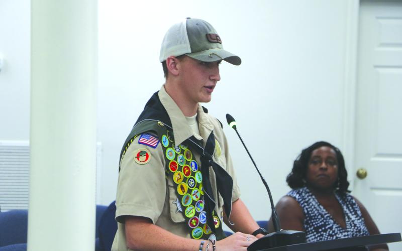 Boy Scout Troop 85’s Dakota Beichner speaks during Monday’s Lake City Council meeting. (MORGAN MCMULLEN/Lake City Reporter)