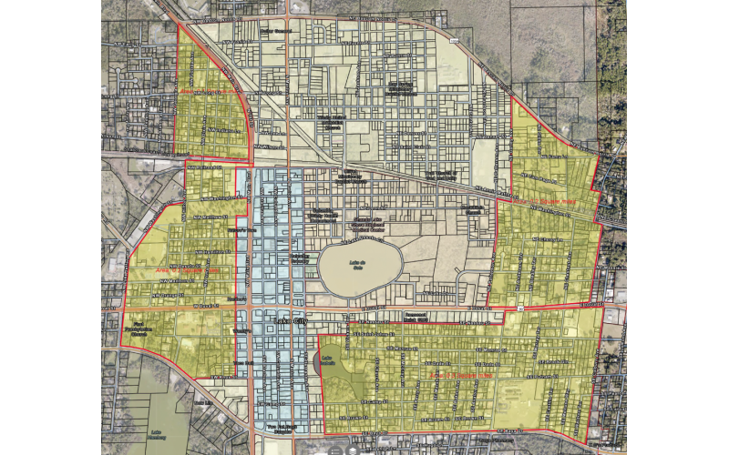The City of Lake City’s Community Development Agency is considering expanding its borders. The CRA originally was the light blue section in downtown Lake City. It expanded in 2011 to include the area around Lake DeSoto and is now considering expanding into the bright yellow areas. (COURTESY)