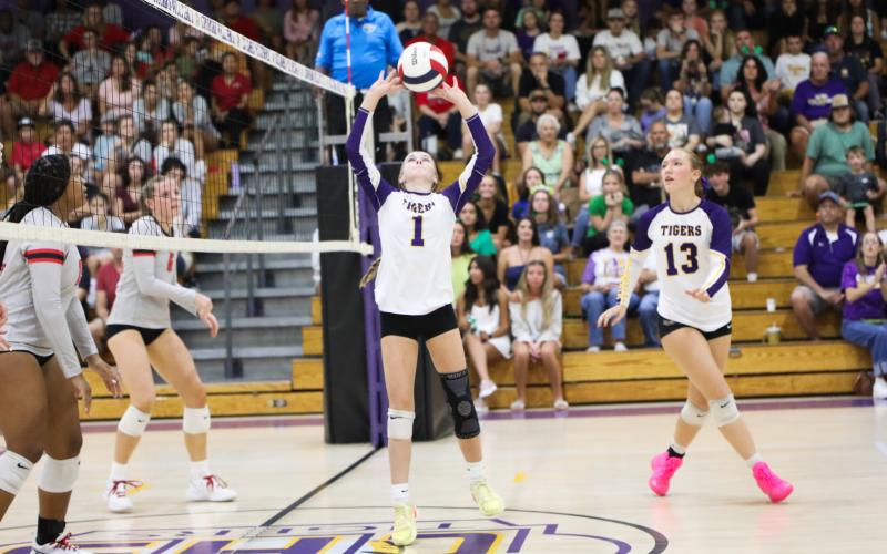 Columbia setter Brynn Lester (1) sets up a pass as Jenavieve Farer (13) looks to attack against Santa Fe on Tuesday. (BRENT KUYKENDALL/Lake City Reporter)