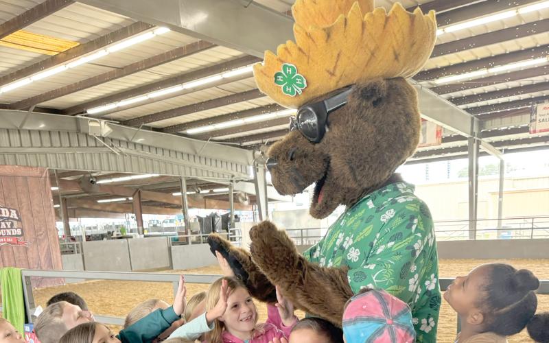 Bellamy Beaver gives high-five’s to a group of excited children. Bellamy’s Big Field Day with Columbia County students and the Columbia County Sports Commission is set for February. (COURTESY COLUMBIA COUNTY 4-H)