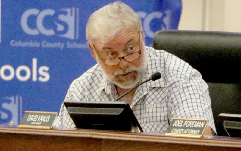 Assistant County Manager Kevin Kirby talks to the County Commission about the revised hurricane response plan Thursday. (MORGAN MCMULLEN/Lake City Reporter)