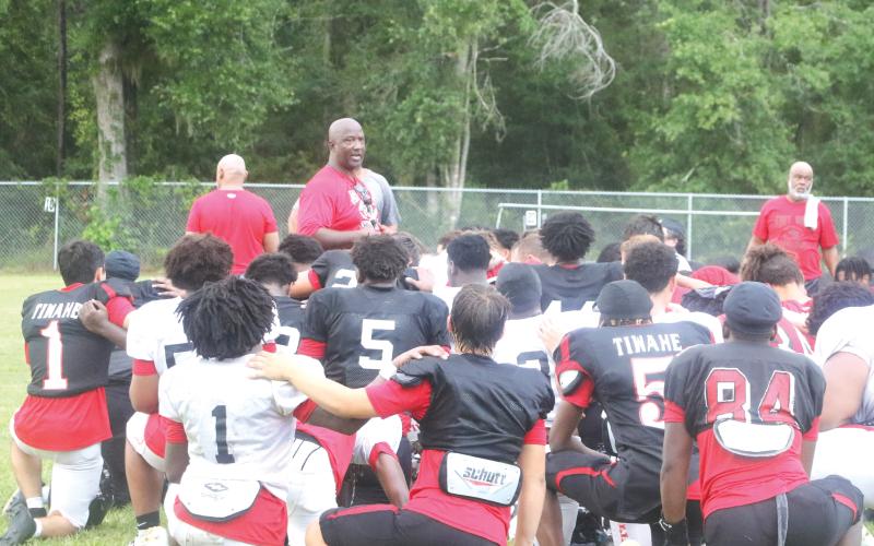 Fort White coach Demetric Jackson addresses his team after practice on Aug. 4. (MORGAN MCMULLEN/Lake City Reporter)