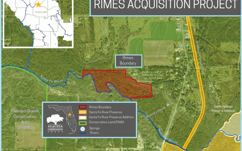 A map outlines the scope of the Rimes Acquisition Project, an effort by the Alachua Conservation Trust to buy 54 acres of land along the norther parts of the Santa Fe River in Union County. (COURTESY)