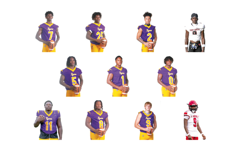 TOP ROW: CHS WR Kyren Caldwell, CHS RB Jerome Horne, CHS DB Julian De La Cruz and FWHS DB/ATH Jayden Jackson; MIDDLE ROW: CHS DB Tacori Allen, CHS LB Kameron Mills and CHS DB Von Lane; BOTTOM ROW: CHS DL Jaden McCray, CHS DL Kyten Davis and LHS QB/DB Tywan Williamson. (CHS portraits by JEN CHASTEEN; FWHS portrait by MORGAN MCMULLEN; LHS portrait by JACK HOWDESHELL)