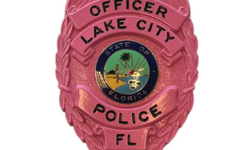 Pink badges will be worn by Lake City Police during October for Breast Cancer Awareness Month. (COURTESY)