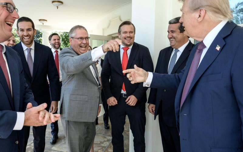 President Donald Trump (right) points at Rep. Chuck Brannan (middle) and thanked him Thursday for sponsoring the bill to name a portion of Southern Boulevard in Palm Beach County after him. Also visiting the West Wing on Thursday from the Florida House of Representatives were Lawrence McClure (from left), House Speaker Daniel Perez, James Buchanan and Tyler Sirois. (COURTESY CHUCK BRANNAN)