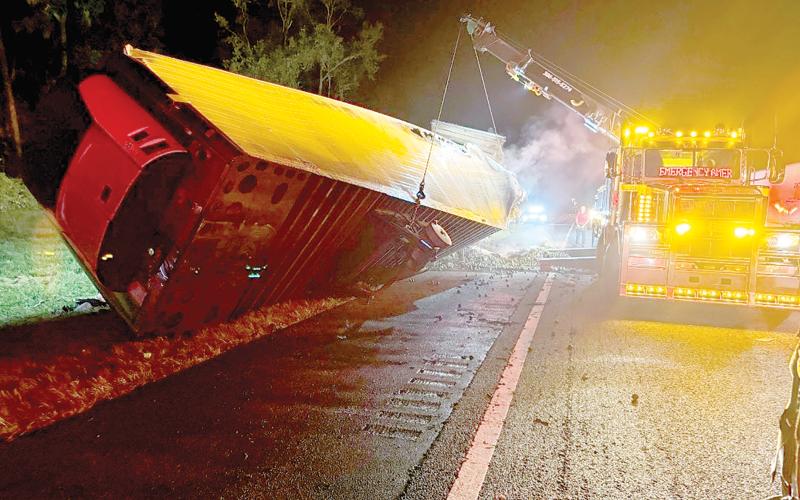 A semi’s trailer caught fire early Sunday morning on Interstate 75. Columbia County Fire Rescue crews extinguished the fire quickly while the southbond lanes were closed for 30-45 minutes. (COURTESY COLUMBIA COUNTY FIRE RESCUE)