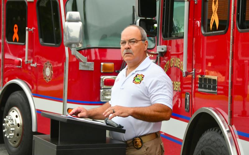 Live Oak Fire Chief Sidney Hayes speaks during last year’s Patriot Day remembrance in Live Oak. The Live Oak Fire Department will hold its annual event on Sept. 11. (FILE)