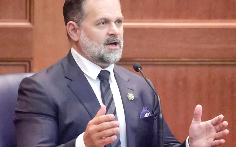 Congressman Cory Mills testifies during a hearing over a requested restraining order against him for stalking by Miss United States Lindsey Langston at the Columbia County Courthouse on Friday. (JOE BURBANK/Orlando Sentinel)