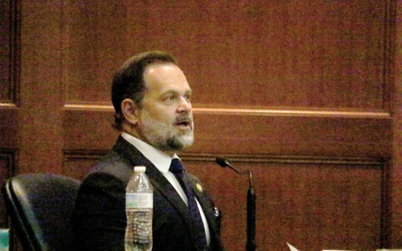 U.S. Rep. Cory Mills sits on the witness stand at the Columbia County Courthouse on Friday during a hearing over a request for an injunction of protection of dating violence from his former girlfriend, Miss United States Lindsey Langston. (TONY BRITT/Lake City Reporter)