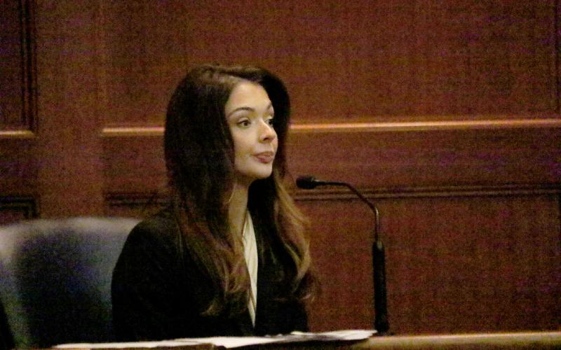 Miss United States Lindsey Langston sits on the witness stand at the Columbia County Courthouse on Friday during a hearing over a request for an injunction of protection of dating violence she is requesting against U.S. Rep. Cory Mills. (TONY BRITT/Lake City Reporter)
